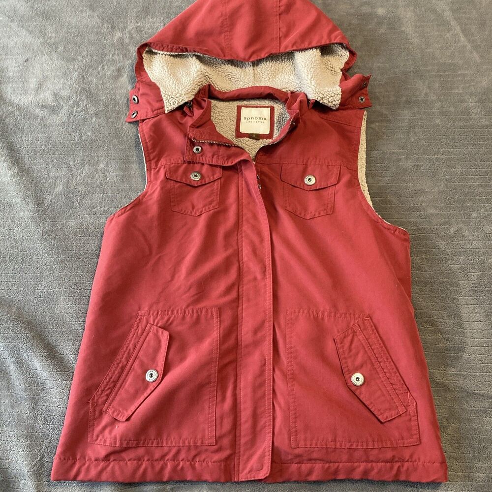 Sonoma  Faux Fur Lined Hoodie Vest Zip & Button Red, Women's Sz S Fall Outdoors